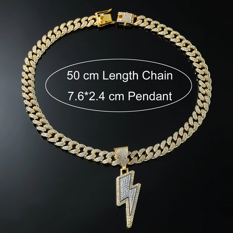 Collana Hip Hop con Pendente a Fulmine in Lega e Strass Uomo Catena Cubana Iced Out Gioiello Placcato Oro Argento Regalo per Festa
