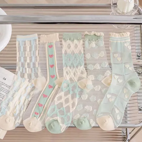 Calcetines De Rejilla Transparentes Para Mujer Estilo Japonés Dulce Satén De Cristal Transpirable Patrón Corazón