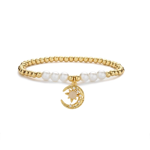 Juego de Pulseras de Cobre y Perlas Artificiales Con Colgante de Estrella Luna Corazón Pulsera Ajustable Moda Mujer