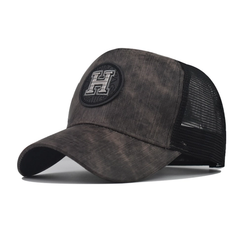 H Letter Patch Baseball Cap Washed Cotton Breathable Mesh Back Trucker Hat Retro Outdoor Sunshade For Men Women