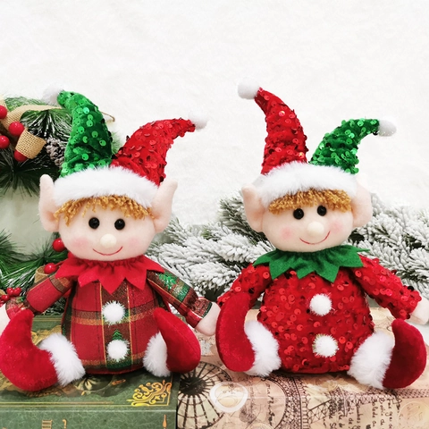 Christmas Elf Doll Plush Sitting Decoration Red Green Sequin Plaid Fabric Ornament Holiday Gift Table Decor