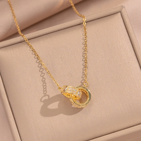 Double Interlocking Ring Pendant Necklace Stainless Steel Chain Copper Pave Zircon Elegant Minimalist Clavicle Accessory