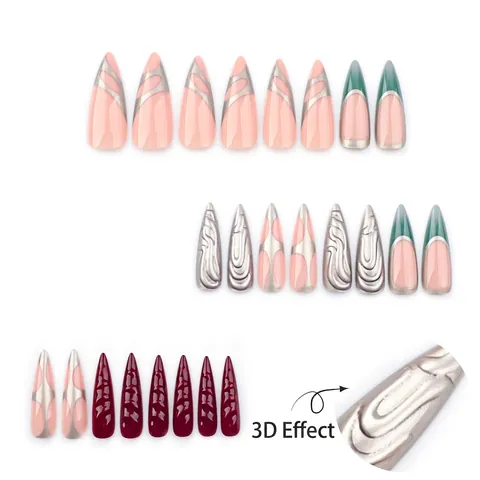Uñas Postizas Largas Stiletto Press On 3D Metal Fluido Plata Francés Y2K Punk Metálico Perla Artificialdo Para Mujeres