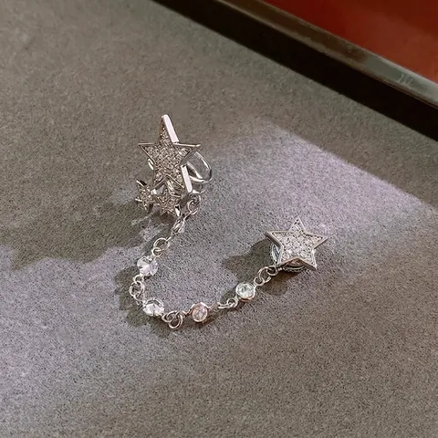 Pendientes De Clip Con Estrella Circonita Cobre Cadena De Borla Color Plata Sin Perforación Joyería De Moda Mujer