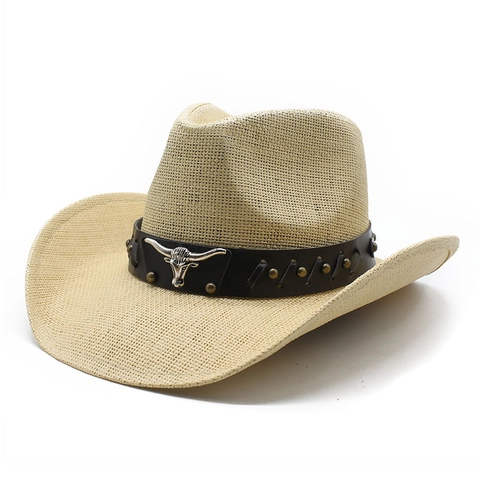 Western Cowboy Straw Hat Wide Brim Paper Straw Breathable Sun Protection Retro Vintage Bull Head Rivet Decor