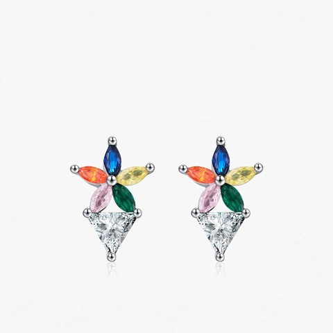 Colorful Zircon Flower Stud Earrings With 925 Sterling Silver Earring Post Rainbow Geometric Elegant Jewelry For Women
