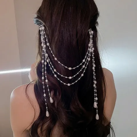 Mollette Per Capelli Con Catena A Frangia Lunga Künstliche Perle Sintetiche Cristallo Multistrato Pendente Goccia D'acqua Matrimonio Festa Donna