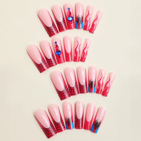 Halloween Spider Web Press On Nails Long Square French Style Red Blue Fake Nails With Rhinestones Glossy Art Fingernails