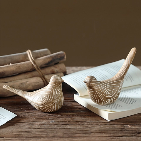 Resin Bird Statues Wood Grain Finish Abstract Animal Figurines Modern Rustic Home Decor Office Desktop Ornament Gift