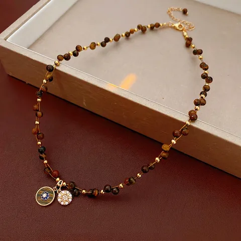 Collana Perline Occhio Di Tigre Rame Zircone Malocchio Ciondoli Stella Placcato Oro Gioielli Vintage Retro Eleganti Donna