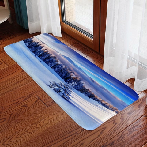 Winter Snow Scene Forest Mountain Floor Mat Flannel Absorbent Non-Slip Door Mat For Living Room Bathroom Rug