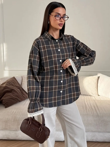 Women Plaid Shirt Cotton Polyester Long Sleeve Lace Patchwork Blouse Casual Loose Button Down Lapel Vintage Streetwear