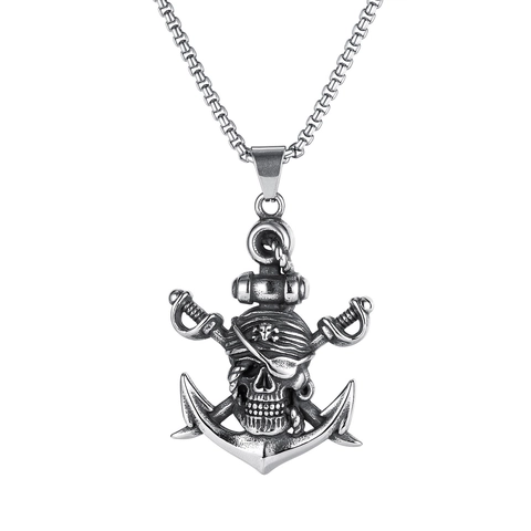 Vintage Stainless Steel Alloy Pirate Skull Anchor Pendant Necklace For Men Women Punk Gothic Hip Hop Jewelry Gifts
