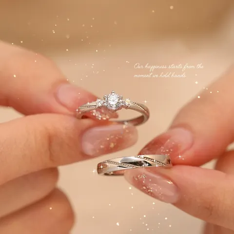 999 Sterling Silver Couple Ring Adjustable Open Ring With Rhinestone Solitaire For Lovers Engagement Valentine Jewelry Gift