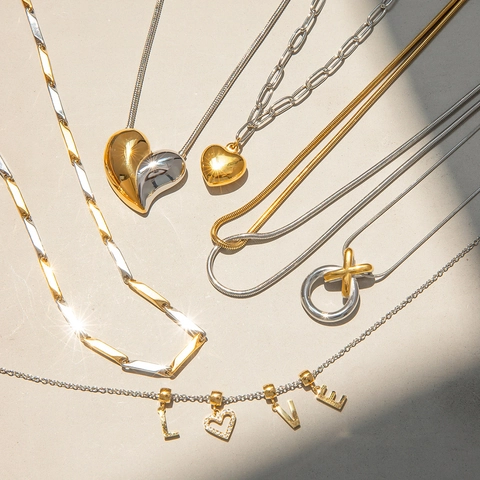 Elegant Stainless Steel Necklace Two Tone Gold And Silver Heart LOVE XO Pendant Paperclip Snake Chain Jewelry For Women