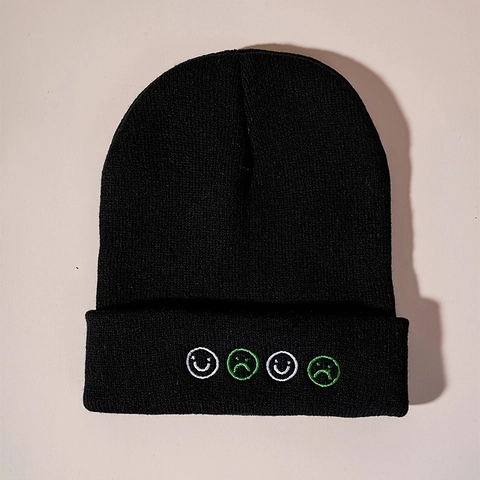Knitted Beanie Hat Acrylic Winter Warm Cap With Face Emoji Embroidery Streetwear Casual Accessory For Men Women