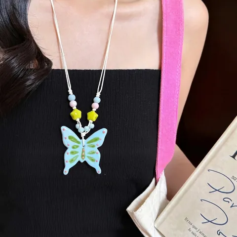 Collier Pendentif Papillon Cœur Perles Céramique Corde Tressée Ethnique Vintage Longue Chaîne De Pull Pour Bijoux Femmes