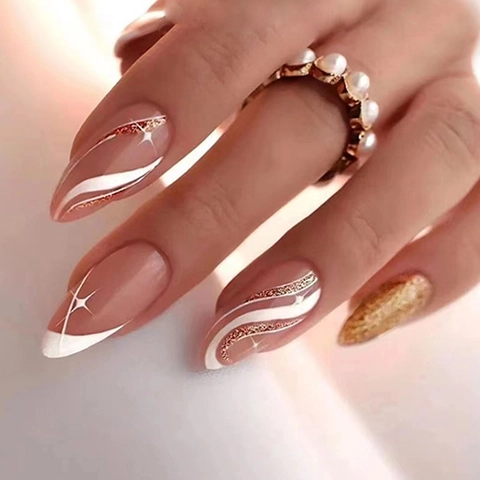 Unghie Finte Lunghe A Mandorla Motivo Onde Francesi Glitter Dorati Stelle Rosa Nudo Unghie Artificiali Per Donne