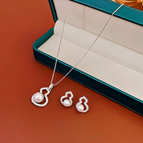 Gourd Pendant Necklace And Earrings Copper Zircon Imitation Artificial Pearl With Silver Earring Post Elegant Fashion Women