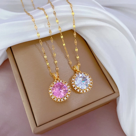 Collana Con Ciondolo In Zirconia Cubica Rotonda Catena In Acciaio Inossidabile Placcato Oro Rame Micro Pave Gioielli Eleganti Da Donna