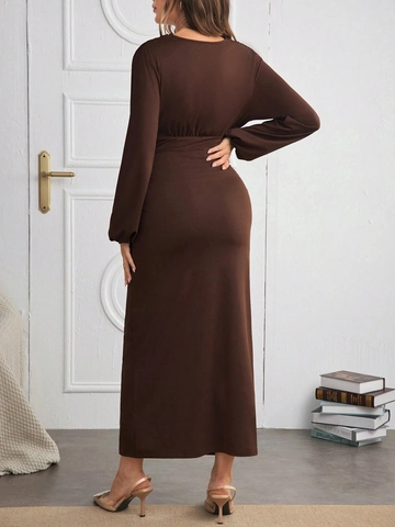 Vestido De Maternidad Cuello En V Manga Larga Fruncido Color Sólido Ajustado Poliéster Elastano Vestido Maxi Para Mujeres Embarazadas