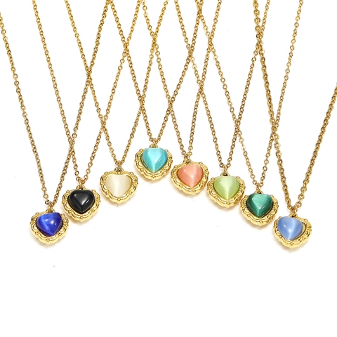 Collier Pendentif Cœur Vintage Plaqué Or 18K Acier Inoxydable Pierre Œil De Chat Bijoux Style Français Femmes