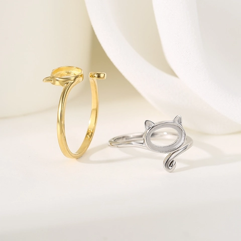 Base Per Anello Aperto Regolabile Orecchie Di Gatto Argento Sterling 925 Placcato Oro 18K Accessorio Gioielli DIY Per Donne