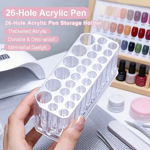Acrylic Nail Art Pen Holder 26 Holes Desktop Makeup Brush Storage Organizer Case Transparent Professional Tool