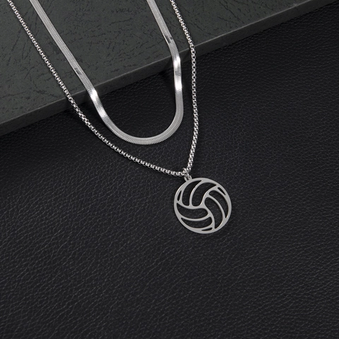 Volleyball Pendant Necklace Stainless Steel Double Layer Hollow Geometric Circular Sports Fashion Accessory For Women Men