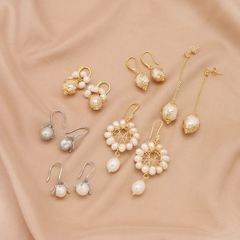 Baroque Artificial Pearl Dangle Earrings With 925 Sterling Silver Earring Post Gold Plated Leaf Vintage For Women