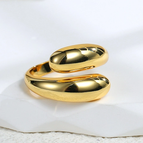 Bague Ouverte Minimaliste Ajustable Cuivre Plaquée Or Lisse Goutte Design Bypass Bijoux En Métal Poli Pour Femmes
