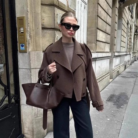 Women Double Breasted Woolen Coat Elegant Loose Fit Lapel Long Sleeve Casual Outerwear Solid Color Warm Jacket