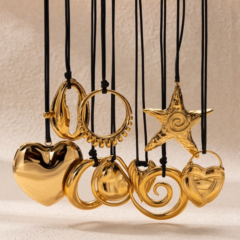 Roestvrijstalen Halsketting Goud Geometrisch Hart Zeester Hanger Met Zwart Koord Minimalisme Vrouwen Mode Sieraden Herfst Winter Accessoire