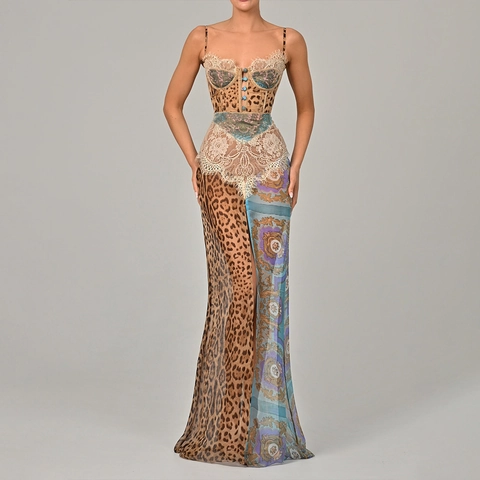 Sexy Leopard Barock Patchwork Chiffon Maxikleid Spitze Korsett Top Spaghettiträger Rückenfrei Hoher Schlitz Damen