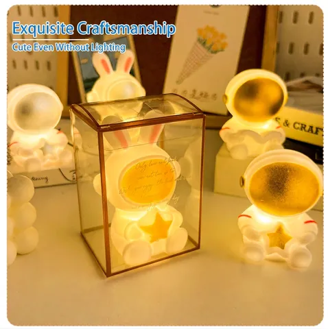 Astronaut Rabbit Night Light Vinyl Warm Yellow LED Desktop Atmosphere Lamp Cartoon Space Decor Transparent Gift Packaging