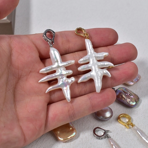 Baroque Freshwater Pearl Pendant For DIY Jewelry Making 925 Sterling Silver Universal Clasp Rhinestone Irregular Pearl Charm Women Wedding Gift