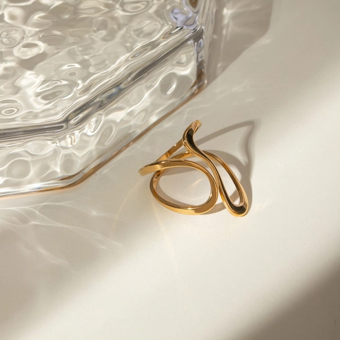 Anello Aperto Regolabile Acciaio Inossidabile Placcato Oro 18K Geometrico Irregolare Stile Metallo Liquido Vintage Donna