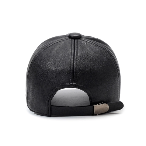 PU Leather Baseball Cap For Men Windproof Warm Outdoor Adjustable Winter Hat Litchi Texture
