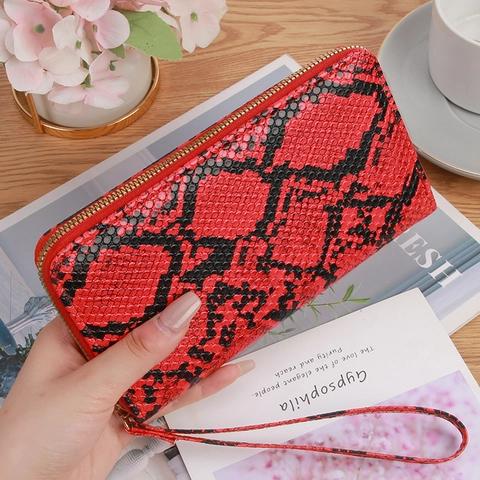 Cartera Larga De Mujer Con Estampado De Serpiente Moda Cuero PU Relieve Gran Capacidad Bolso De Mano Con Correa
