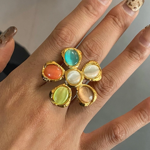 Flower Ring For Women Stainless Steel Multi Color Cat Eye Stone Bohemian Vintage Gold Hammered Texture Finger Jewelry