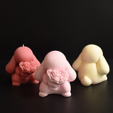 Big Ear Rabbit Holding Flower Silicone Mold 3D Animal Bouquet Scented Candle DIY Plaster Ornament Handmade Craft Tool