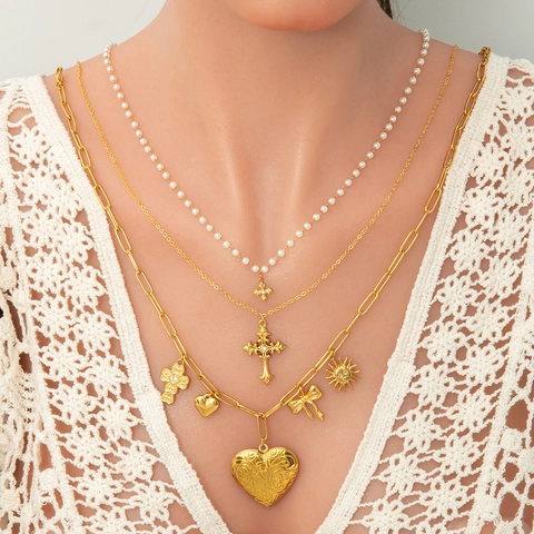 Collar De Pendiente De Cruz Corazón Barroco Vintage Acero Inoxidable Chapado En Oro 18K Perla Artificial Circón Joyería Mujer