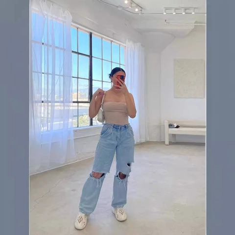 Damen Jeans Mit Hoher Taille Und Zerrissenen Löchern Aus Baumwolle Polyester Denim Hellblau Lässige Hose Mit Bindemanschetten