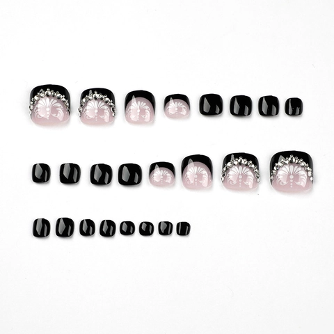 Black French Press On Toenails White Floral Rhinestone Glossy Artificial Fake Toe Nails For Women Nail Art Decor