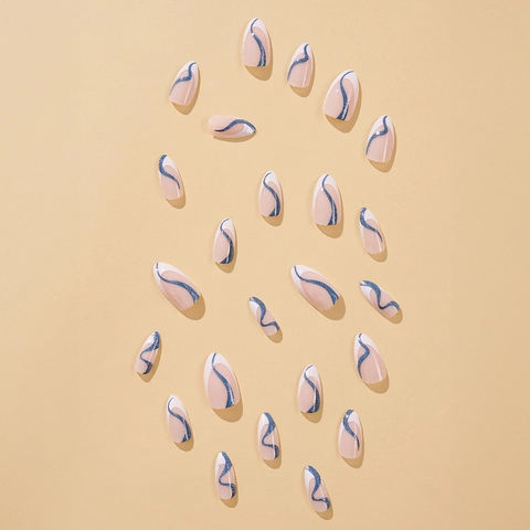 Faux Ongles À Presser French Manucure Blanc Forme Amande Paillettes Bleues Vagues Nude Kit Manucure DIY Avec Colle Et Lime