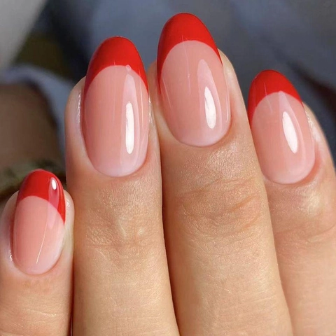 Unghie Finte A Pressione Con Punta French Rossa Lucide Forma Mandorla Unghie Artificiali Per Donna