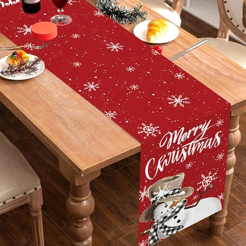 Weihnachts Tischläufer Polyester Rot Schneemann Cowboyhut Schneeflocken Muster Festliche Feiertags Party Deko
