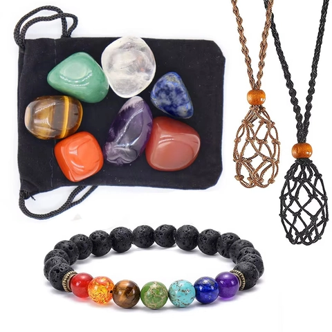 Naturstein Chakra Kristalle Schmuck-Set Handgewebt Netz Kordel Anhänger Halter Halskette Vulkanischen Lava Perlen Elastisches Armband Heilquarz Rohsteine Samtbeutel Für Yoga Meditation Damen Herren