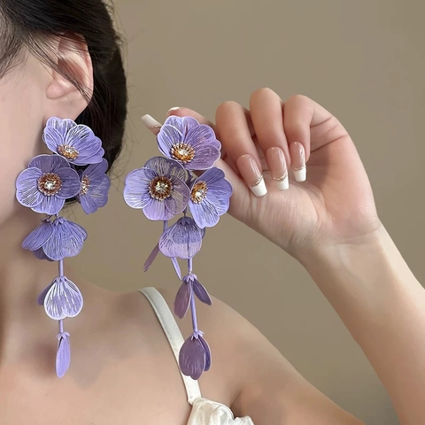 Pendientes De Borla De Flor De Gasa Morada Con Poste De Plata De Ley 925 Joyería Elegante Dulce Para Mujeres