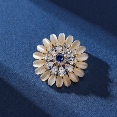 Spilla a Fiore Rotante per Donna Placcata in Oro con Pietra Blu Occhio di Gatto Strass Gioielli alla Moda Accessorio per Abito Sciarpa